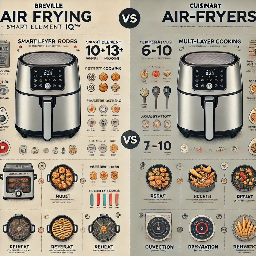 An infographic comparing the functionality of Breville vs. Cuisinart Air-Fryers